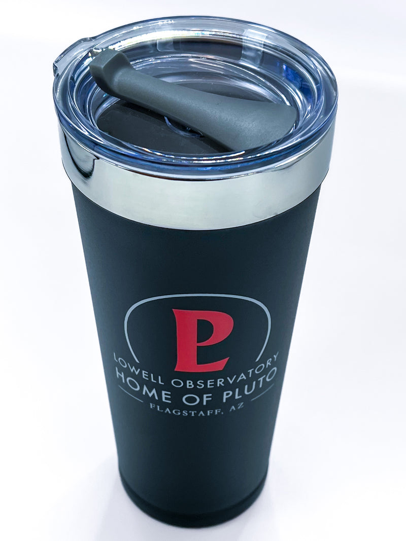 Home of Pluto Polar Tumbler. Black tumbler with red Pluto symbol and white text underneath that reads, "Lowell Observatory Home of Pluto Flagstaff, AZ"