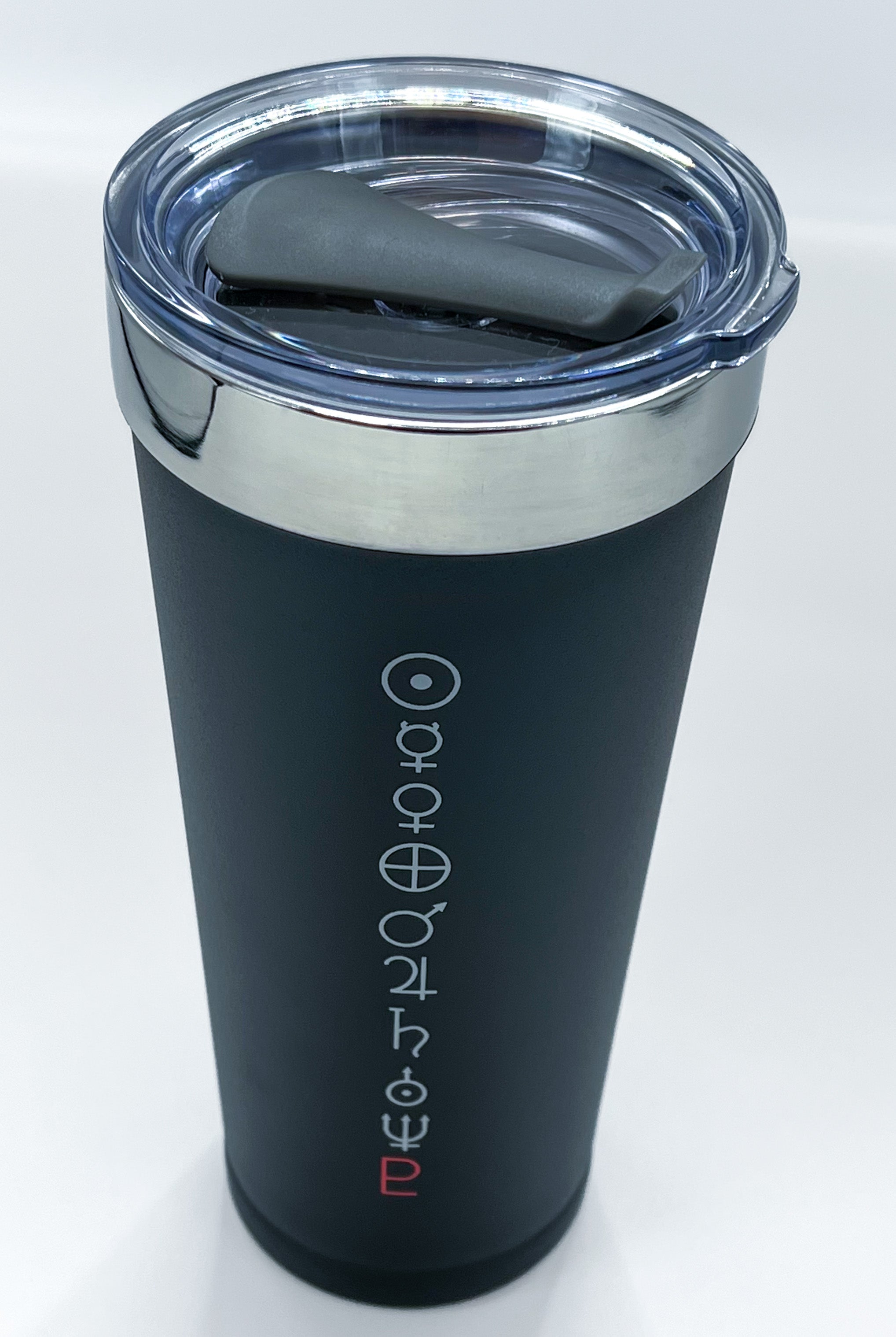 Home of Pluto Polar Tumbler. Black tumbler with white planetary symbols and red Pluto symbol on bottom.