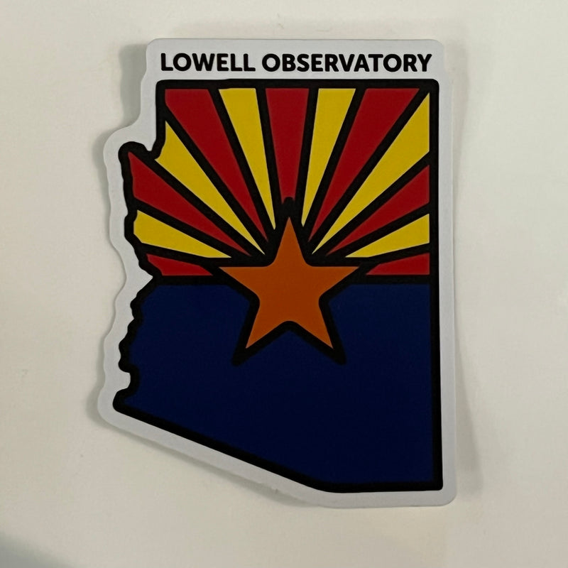 A sticker shaped like the state of Arizona with the design of the Arizona state flag. The name, "Lowell Observatory" is written on top of the sticker in black letters.